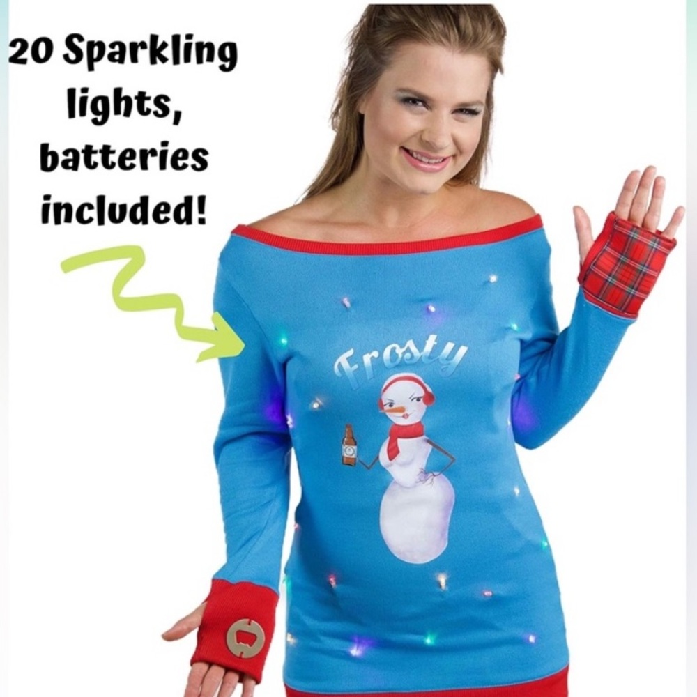 Brand new Christmas Sweater-lights up,bottle opener, koosie on sleeves